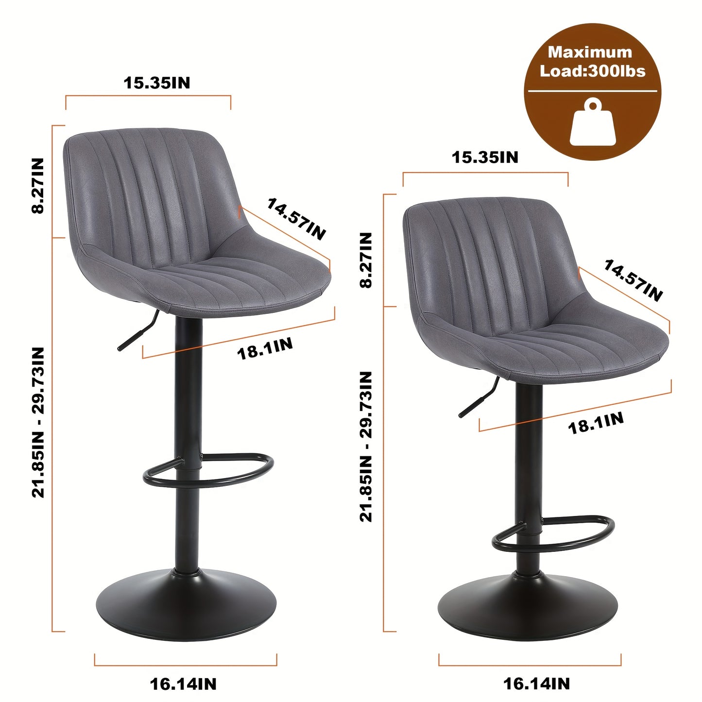 Barkrukken – Barkruk Set – Barstoelen – Keukenkrukken – Krukjes – Set van 3 – Verstelbare Zithoogte – 360° Draaibare Zitting – Met Rugleuning – Kunstleren Bekleding – Grijs