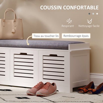 Schoenenbank – Schoenenkast – Opbergbank – Halbank – Zitbank – Met 3 Ventilerende Lades – Comfortabel Verwijderbaar Kussen – Wit – Compact 108x35x43 cm