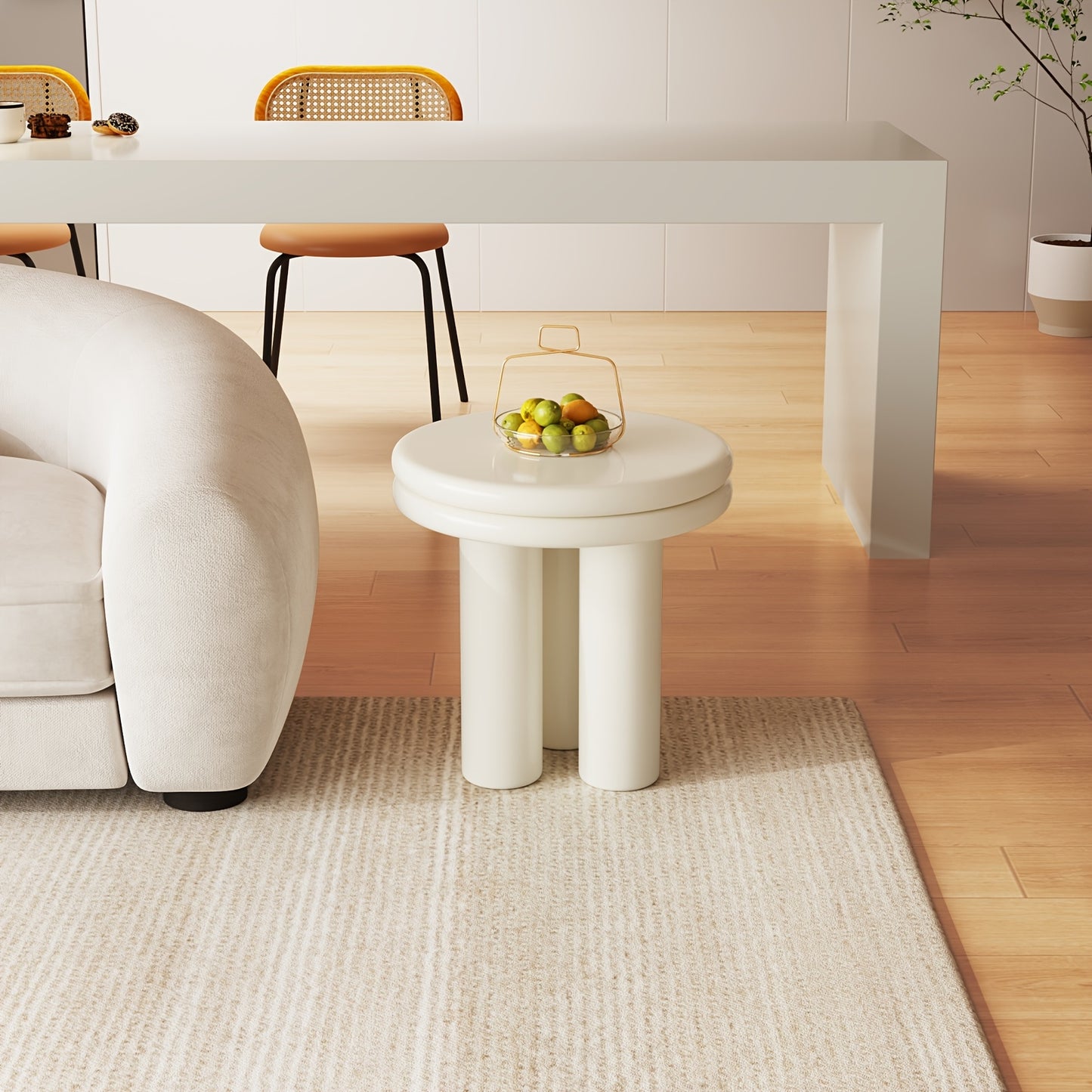 Bijzettafel – Sofa Tafel – Sidetable – Nachtkastje – Salontafel – Massief Hout – Compact Rond Design – Roomwit Afwerking – Minimalistisch – Stevig