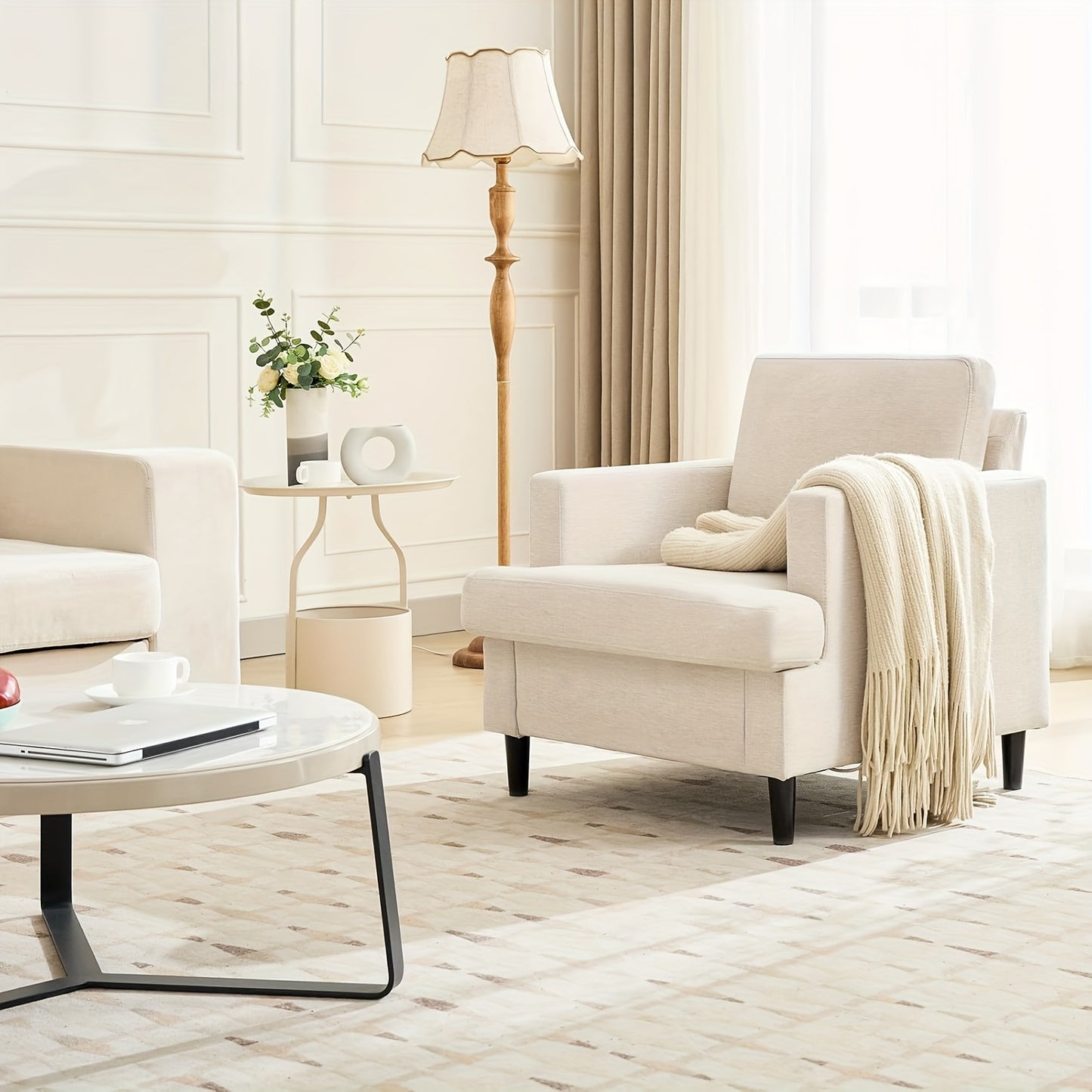 Beige Accentstoel – Slaapkamerstoel – Woonkamerstoel – Eetkamerstoel – Fauteuil – Linnen Bekleding – Stevig Metalen Frame – Mid-Century Design – Comfortabel Schuimkussen – Gemakkelijk Zelf Te Monteren