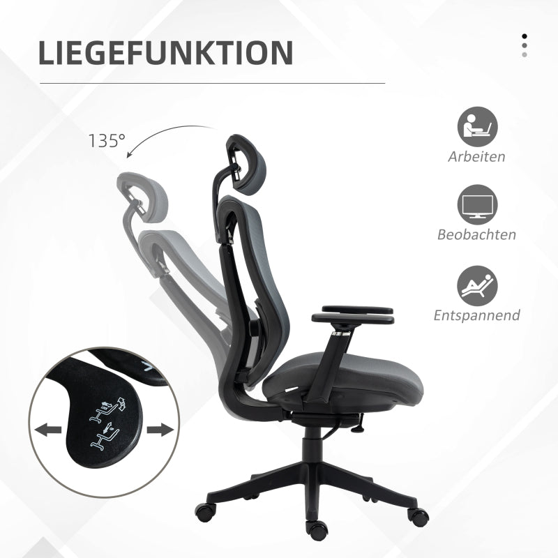 Ergonomische Bureaustoel – Kantoorstoel – Werkstoel – Deskchair – Bureaustoel Verstelbaar – Kantelfunctie 135° – Verstelbare Armleuningen – Ademend Mesh Grijs
