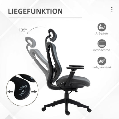 Ergonomische Bureaustoel – Kantoorstoel – Werkstoel – Deskchair – Bureaustoel Verstelbaar – Kantelfunctie 135° – Verstelbare Armleuningen – Ademend Mesh Grijs