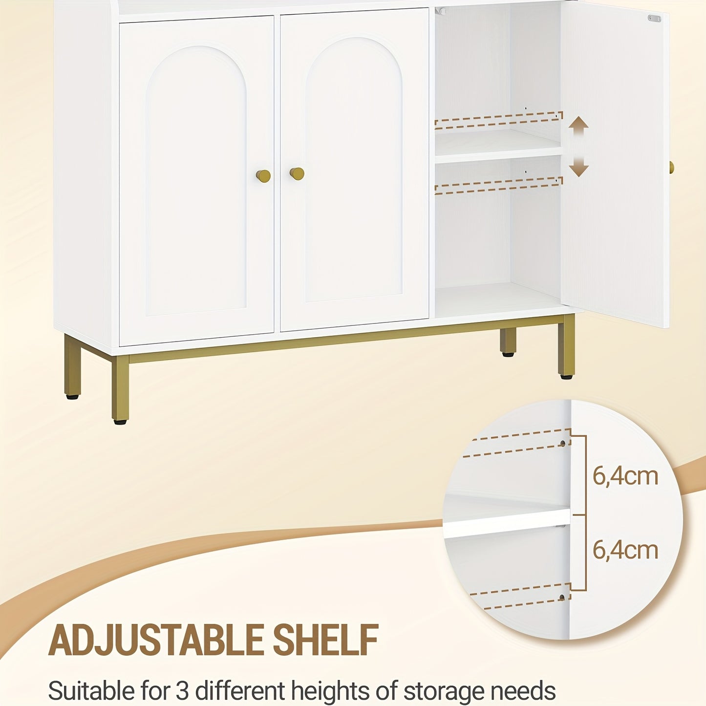 Sideboard – Opbergkast – Dressoir – Keukenkast – Woonkamerkast – Witte Sideboard Met 3 Gebogen Deuren – Verstelbare Planken En Gouden Handgrepen – 30x100x80,5 cm FSC MDF