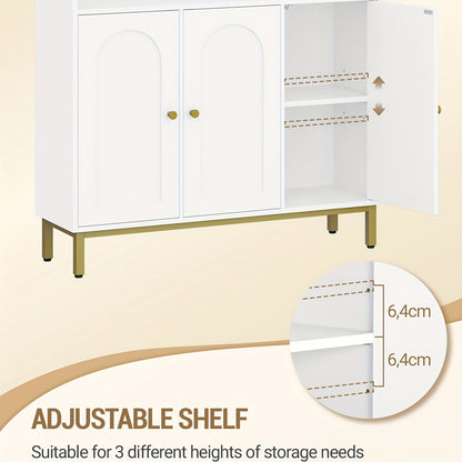 Sideboard – Opbergkast – Dressoir – Keukenkast – Woonkamerkast – Witte Sideboard Met 3 Gebogen Deuren – Verstelbare Planken En Gouden Handgrepen – 30x100x80,5 cm FSC MDF