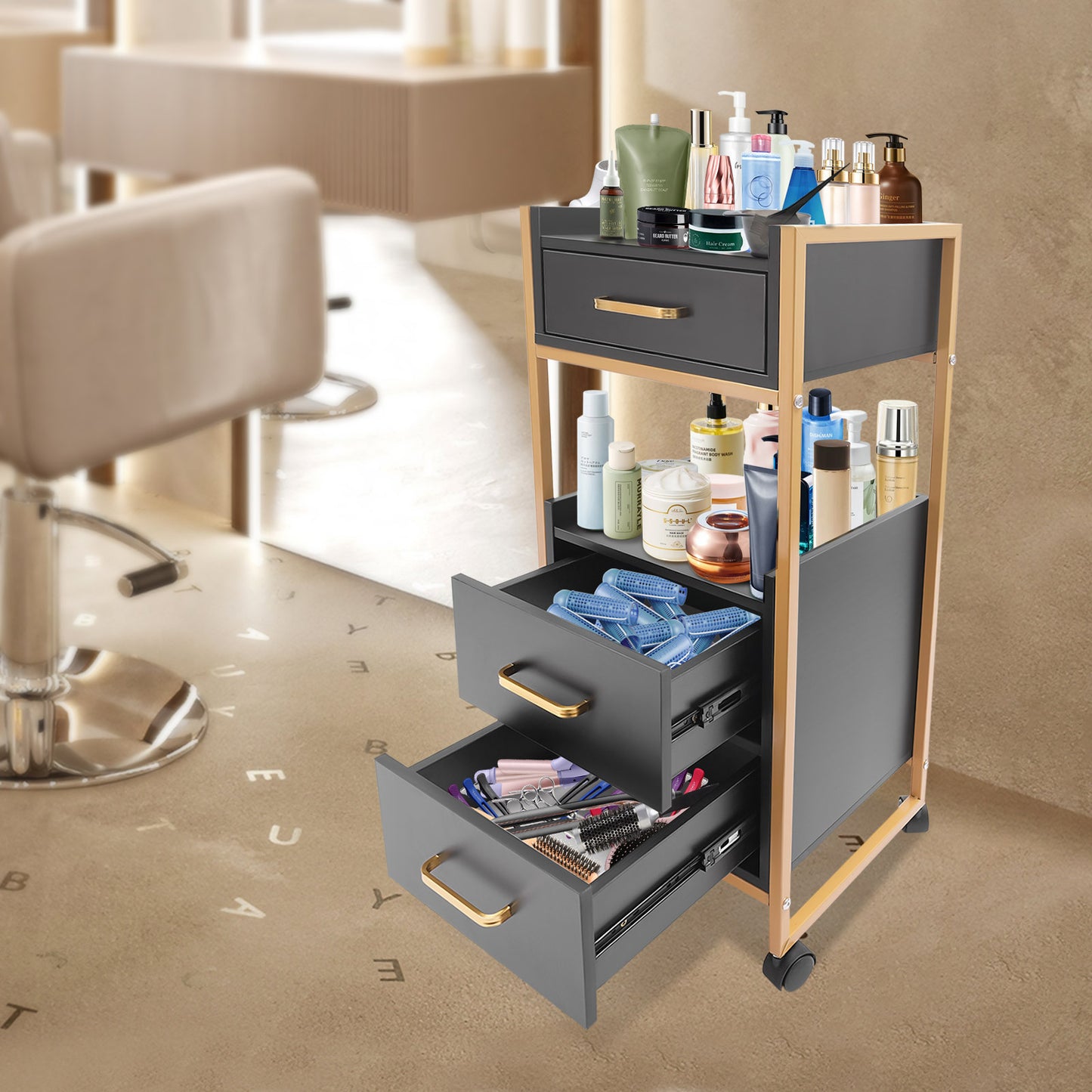 Kapperswagen – Kappers Trolley – Werkwagen – Salonwagen – Opbergtrolley – Roestvrij Metalen Frame – 3 Lades & 2 Open Schappen