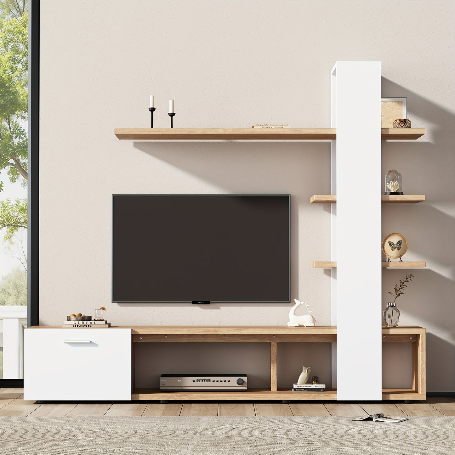 TV meubel – TV kast – Lowboard – TV wandmeubel – Woonkamermeubel – Modern design – Hout wit eiken – Geschikt voor TV tot 60 inch – Afmetingen 180x33,5x151,5 cm