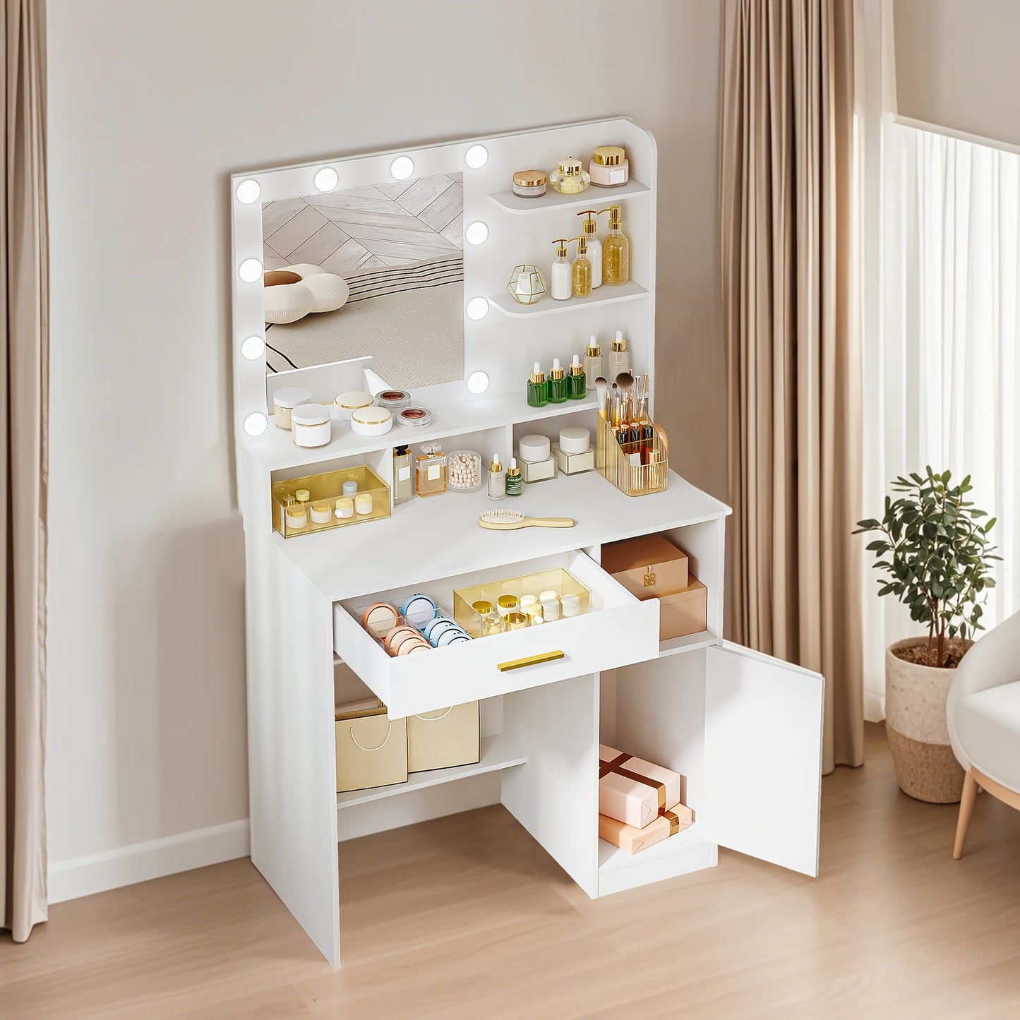 Make-uptafel – Kaptafel – Schminktafel – Dressoir – Vanity – Wit – Met Spiegel en 10 LED Lampjes – 3 Verstelbare Helderniveaus – Veel Opbergruimte met Lade en Kastje