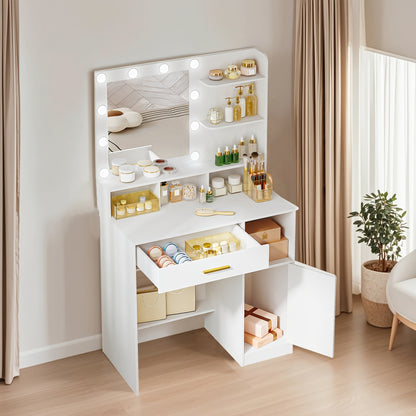 Make-uptafel – Kaptafel – Schminktafel – Dressoir – Vanity – Wit – Met Spiegel en 10 LED Lampjes – 3 Verstelbare Helderniveaus – Veel Opbergruimte met Lade en Kastje