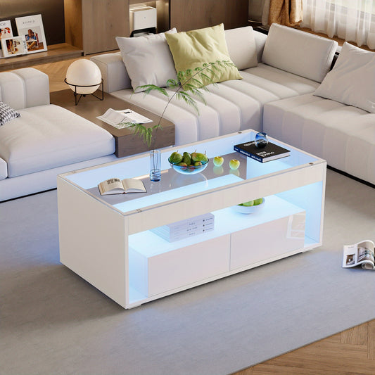 Salontafel – Woonkamertafel – Midden tafel – Koffietafel – Bijzettafel – Modern Wit – 2 Ruime Laden – 100x50x40 cm – Dubbel Plateau – Hoogglans Afwerking