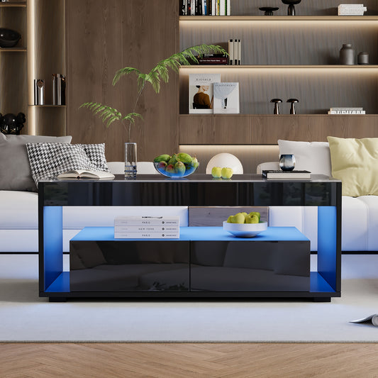 Salontafel – Koffietafel – Woonkamertafel – Sofa Tafel – Tafel Met Laden – Zwart Hoogglans – 2 Grote Lades – Dubbellaags Glazen Blad