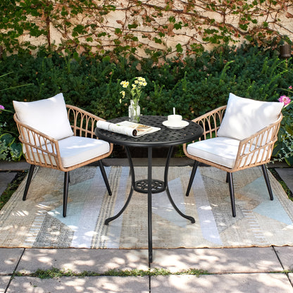 Buitentafel Rond – Bistrotafel – Tuin tafel – Balkon tafel – Terras tafel – Zwart – 60,96 cm Met Parasolgat – Gietaluminium Met Wicker Tafelblad – Weerbestendig En Stevig