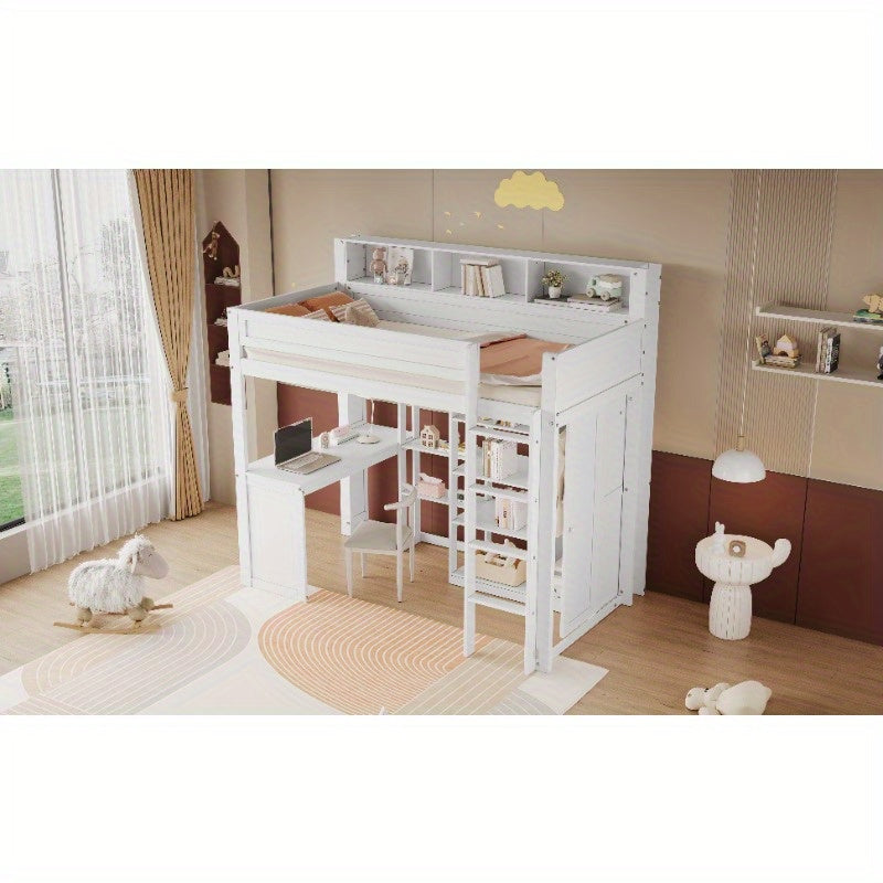 Hoogslaper – Stapelbed – Eenpersoonsbed – Kinderbed – Bed Met Bureau – Wit – 90x200 cm – Met Kledingkast En Opbergruimte