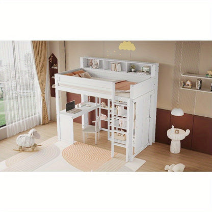 Hoogslaper – Stapelbed – Eenpersoonsbed – Kinderbed – Bed Met Bureau – Wit – 90x200 cm – Met Kledingkast En Opbergruimte