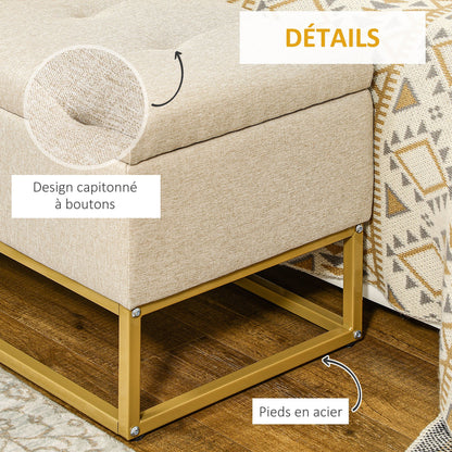 Opbergbank – Opbergbank – Zitkist – Bankje – Opbergbox – Beige Stoffering – Hoog draagvermogen 200 kg – Gouden Metalen Poten – 110x44x48 cm