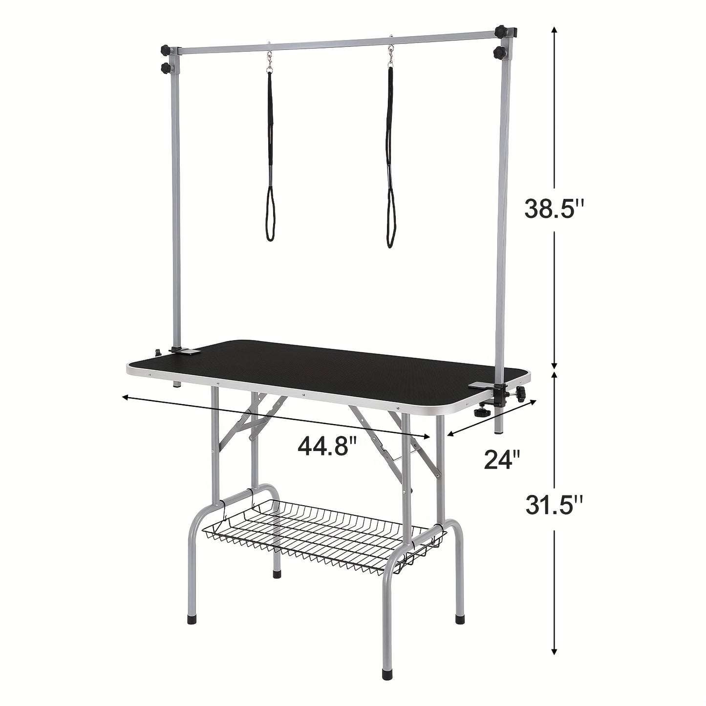 Trimtafel Hond – Trimbank Honden – Hondenverzorgingstafel – Grooming Tafel – Opvouwbare Verzorgingstafel – Dubbele Armen – Met Opbergrek – Stevig Metalen Frame – Roestvrijstalen Afwerking
