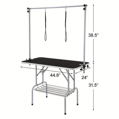Trimtafel Hond – Trimbank Honden – Hondenverzorgingstafel – Grooming Tafel – Opvouwbare Verzorgingstafel – Dubbele Armen – Met Opbergrek – Stevig Metalen Frame – Roestvrijstalen Afwerking