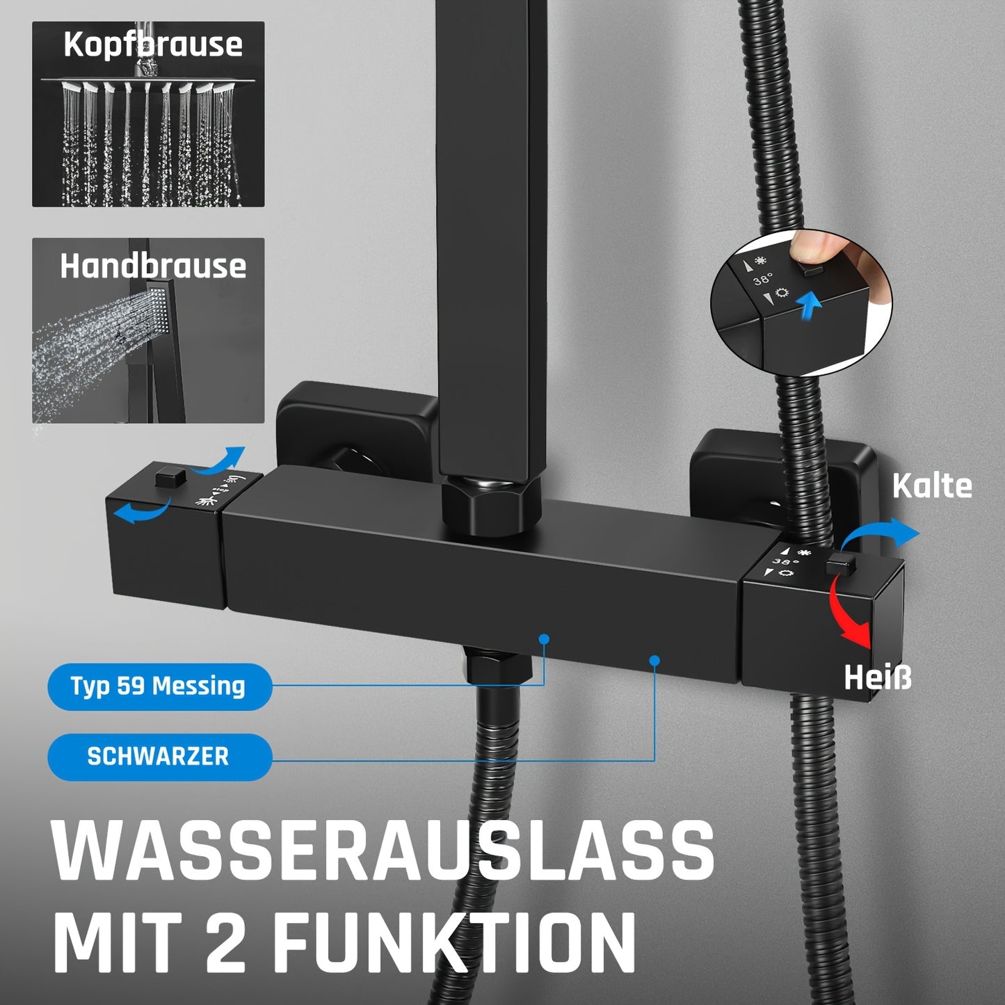 Thermostatische Doucheset – Doucheset – Regendouche – Handdouche – Douchepaneel – Zwart Mat – RVS 304 & Messing – Thermostaatregeling