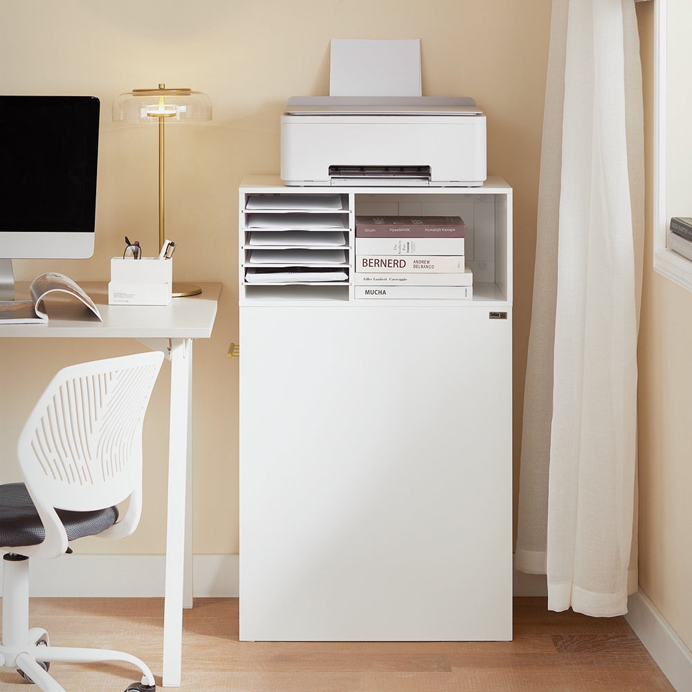 Printerstandaard – Rollende Printerkast – Bureau Organizer – Opbergkast – Mobiele Printertafel – Compact 60x33x100 cm – MDF Wit