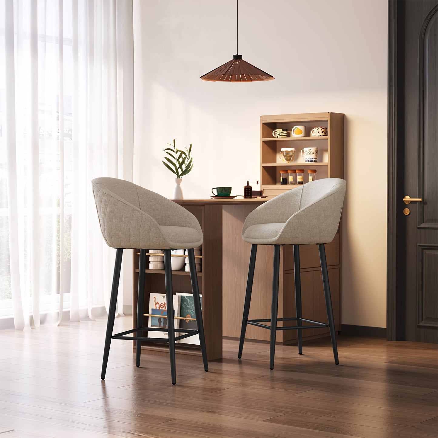 Barkrukken – Barkruk Set – Barstoel – Keukenkruk – Counterkruk – Set Van 2 – Stevige Constructie – Comfortabele Gevoerde Zitting – Lichtbeige Armlos – Minimalistisch Design