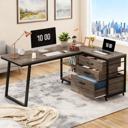 L-Shaped Corner Desk Suitable for Home Office - Reversible Computer Desk with 3-Drawer Storage & 2-Tier Shelves, Space-Saving Wide Workstation Table, Assembly, Engineered Wood