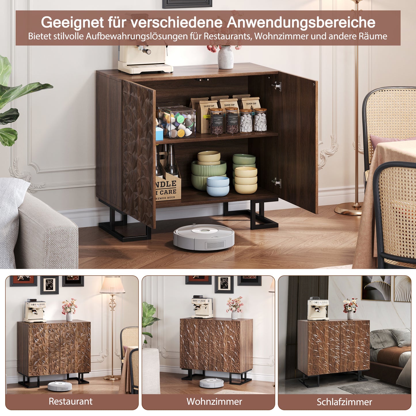 BTM Sideboard Cabinet 80X40X78 Cm Dark Walnut Optics with Leaf Relief, Push-To-Open Doors, Metal Legs 15 Cm, Modern Sideboard with Tilt Protection for Living Room, Dining Room & Hallway