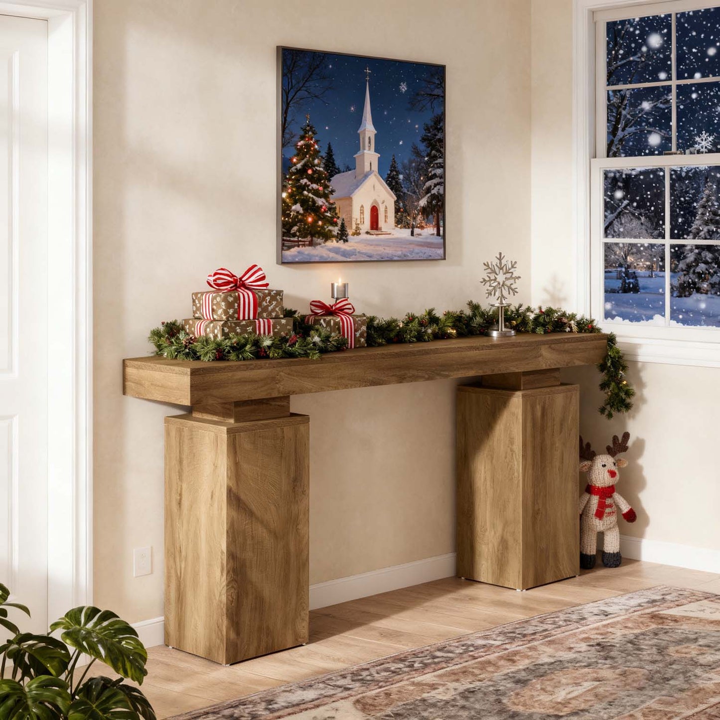 1pc 63-Inch Long Console Table | Farmhouse Wooden Entryway Table Behind Couch for Hallway or Living Room, Contemporary Style, Mixed Color, Engineered Wood, BYBLIGHT