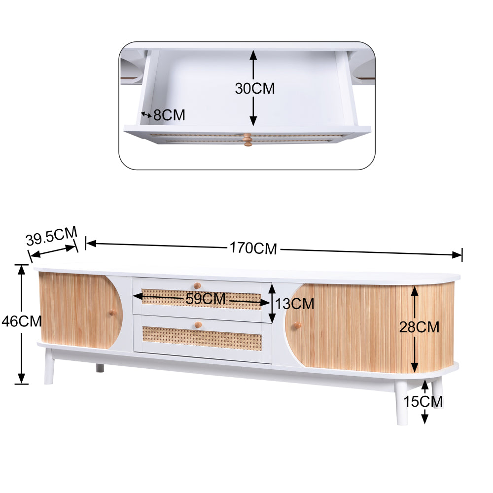 Rustic Modern TV Stand with Doors & Drawers - Solid Wood-Like, Rattan-Side Doors, Sturdy Metal-Free, Natural Wood-Look for Furniture - Easy Assembly (Compatible with TVs & Media Players)