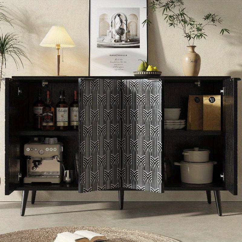 Zwart Metalen Opbergkast – Staande Kast – Dressoir – Kledingkast – Opbermeubel – 120x35x78 cm – Herringbone Deurdesign – Stevige Duurzame Constructie