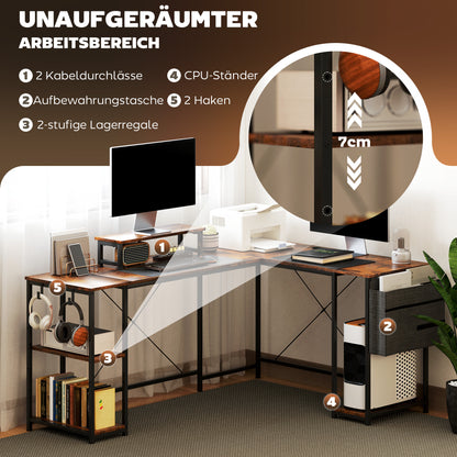 L-vormig Bureau – Hoekbureau – Thuiswerkplek Bureau – Werktafel – Computerbureau – Verstelbare Planken – Ergonomische Monitorstandaard – Rustieke Bruine Afwerking