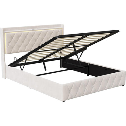Tweepersoonsbed – Bed Met Opbergruimte – Led Bed – Fluwelen Bed – Oplaadbaar Bed – 140x200 cm – Verstelbare RGB LED Verlichting – Ingebouwde USB- en Type-C Poorten