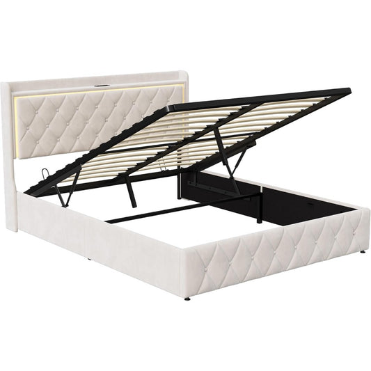 Tweepersoonsbed – Bed Met Opbergruimte – Led Bed – Fluwelen Bed – Oplaadbaar Bed – 140x200 cm – Verstelbare RGB LED Verlichting – Ingebouwde USB- en Type-C Poorten