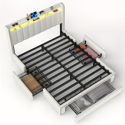 140x200 cm Tweepersoonsbed Frame met 3 Lade-opslag & USB LED Hoofdeinde – Modern Gestoffeerd Bed, Stevig Metalen Frame, Eenvoudig te Monteren