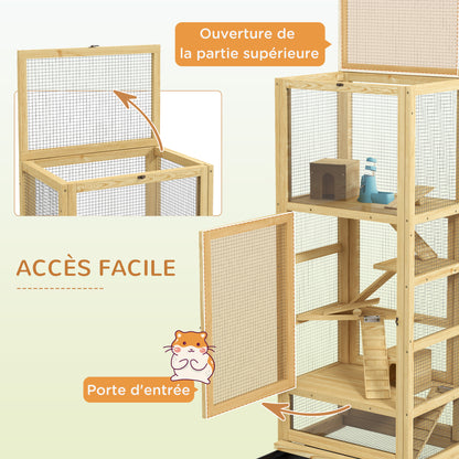 Hamsterras – Knaagdierkooi – Dierenkooi – Houten Kooi – Kleine Dierenkooi – 5 Verdiepingen Met Ladder & Schommel – Uitneembare Bodemlade & Natuurlijk Hout – 54x38x131 cm