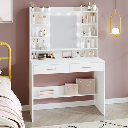 Make-uptafel – Kaptafel – Schminktisch – Visagiekast – Make-up Bureau – Wit Met Gouden Accenten – Verstelbare Verlichting – 100x40x149 cm