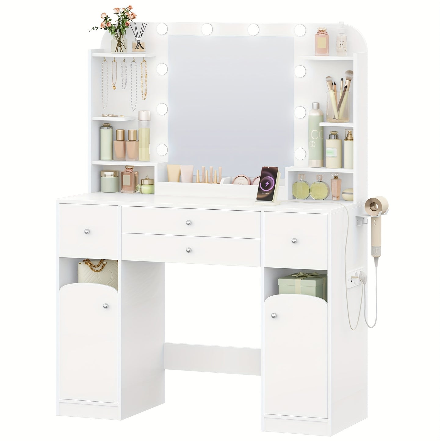 Make-up Tafel – Kaptafel – Schminktafel – Make-up Bureau – Make-up Organizer – LED Verlichting – Haardrogerhouder – 108 cm Breed – 2 Lades en 2 Kasten – Wit