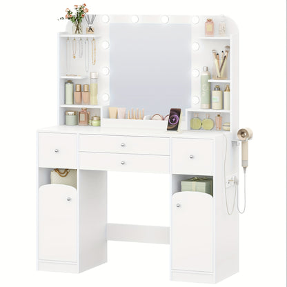 Make-up Tafel – Kaptafel – Schminktafel – Make-up Bureau – Make-up Organizer – LED Verlichting – Haardrogerhouder – 108 cm Breed – 2 Lades en 2 Kasten – Wit