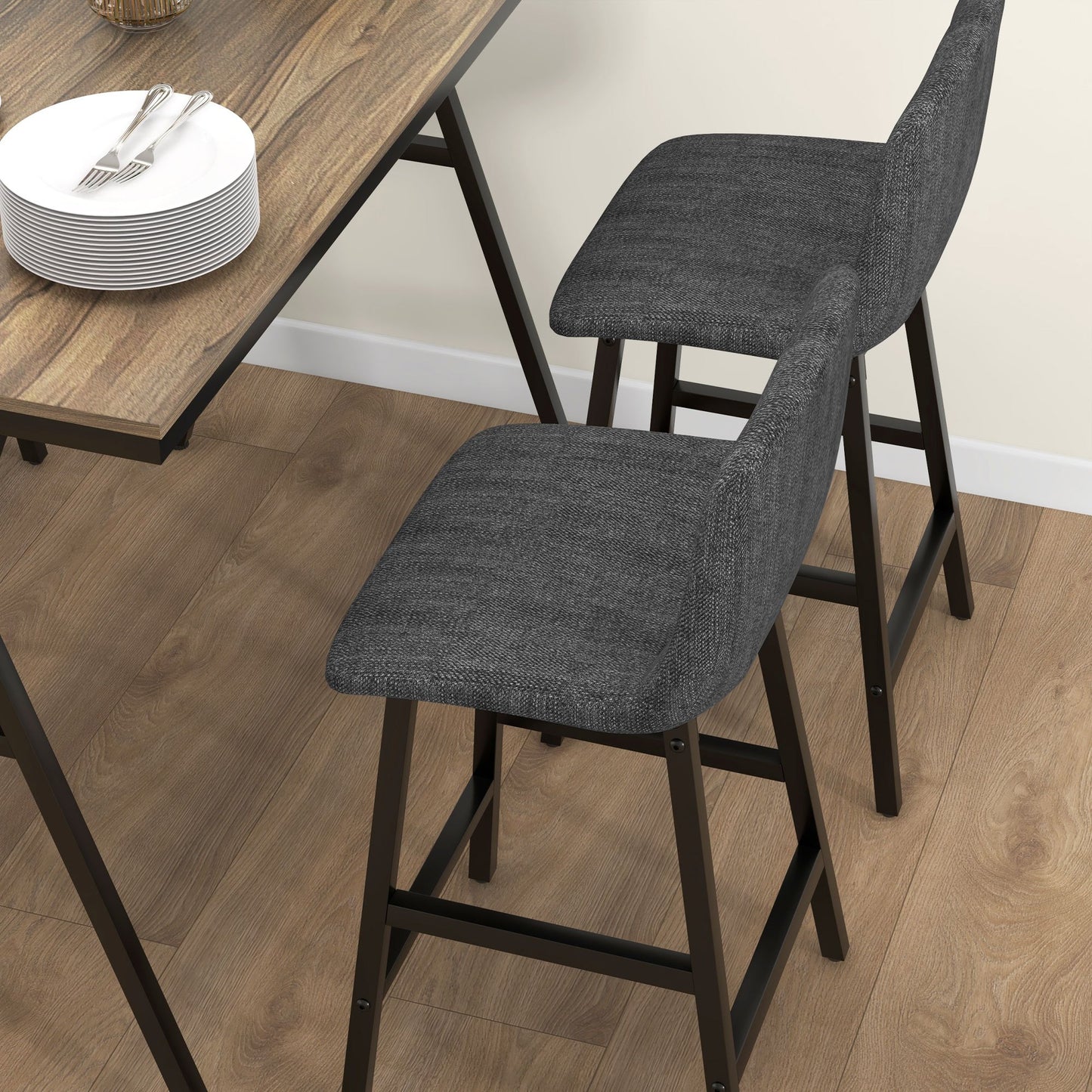 Eetkamer Set – Diningset – Tafel Met Stoelen – Eettafel Set – Stoelen Set – Donkergrijs – Button Tufting – Dikke Linnenlook Bekleding