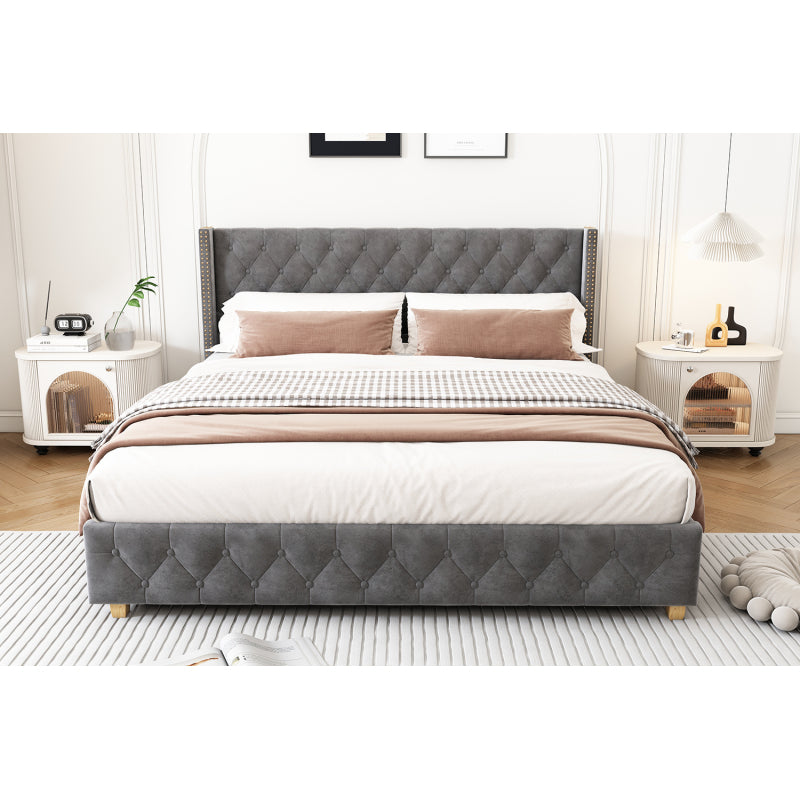 Bedframe Queen – Gestoffeerd Tweepersoonsbed – Platformbed – Bedframe Met Hoofdbord – Lits-Jumeaux – Grijs Fluweel – Lattenbodem – Stijlvol Button-Tufted Hoofdeinde