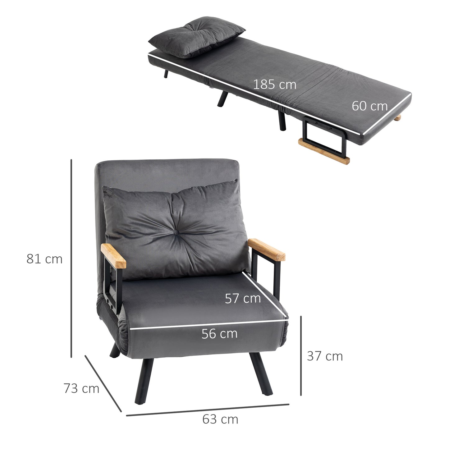 Slaapbank – Bedbank – Slaapstoel – Tweepersoonsbed – Verstelbare Rugleuning – Fluweelzachte Donkergrijze Bekleding – Stalen Frame – Inclusief Kussen
