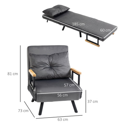 Slaapbank – Slaapfauteuil – Bedbank – Uitklapbed – Relaxfauteuil – Verstelbare Rugleuning – Stalen Frame – Fluwelen Bekleding Donkergrijs