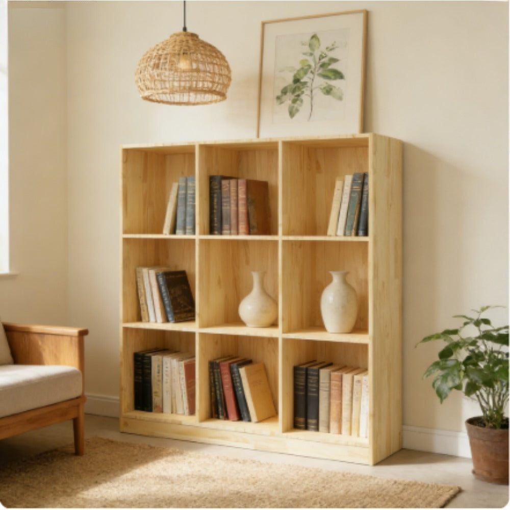Solid Pine Wood Bookcase & Room Divider - Freestanding Modern Bookshelf with 9-Shelf Storage, Wood Grain, Assembly, Space-Saving Shelving Unit Suitable for Living Room, Study, Office - Demountable Furniture (104x33.5x110cm)
