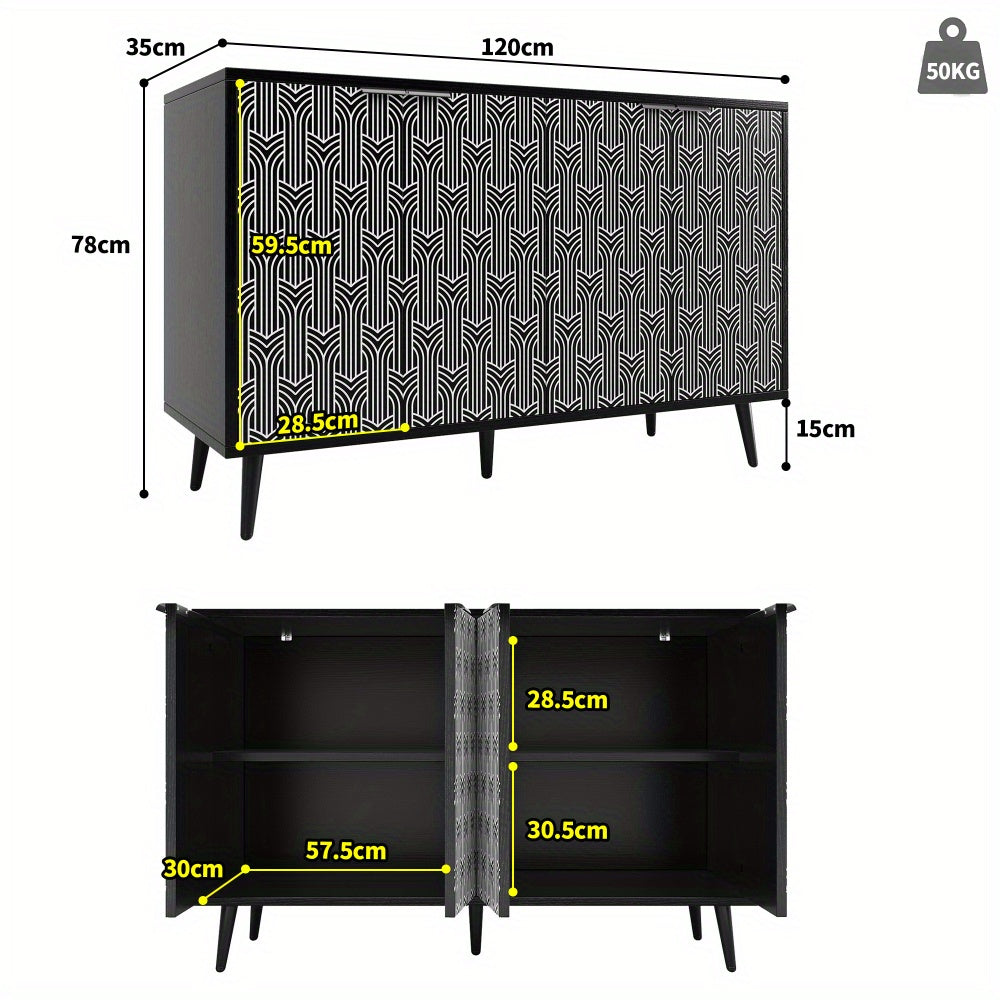 Dressoir – Opbergkast – Ladekast – Buffetkast – Woonkamerkast – Vrijstaand – Hout & Spaanplaat – Visgraatpatroon Deur – Afmetingen 120x35x78 cm – Zwart