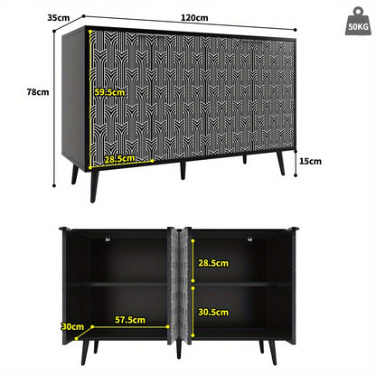 Dressoir – Opbergkast – Ladekast – Buffetkast – Woonkamerkast – Vrijstaand – Hout & Spaanplaat – Visgraatpatroon Deur – Afmetingen 120x35x78 cm – Zwart