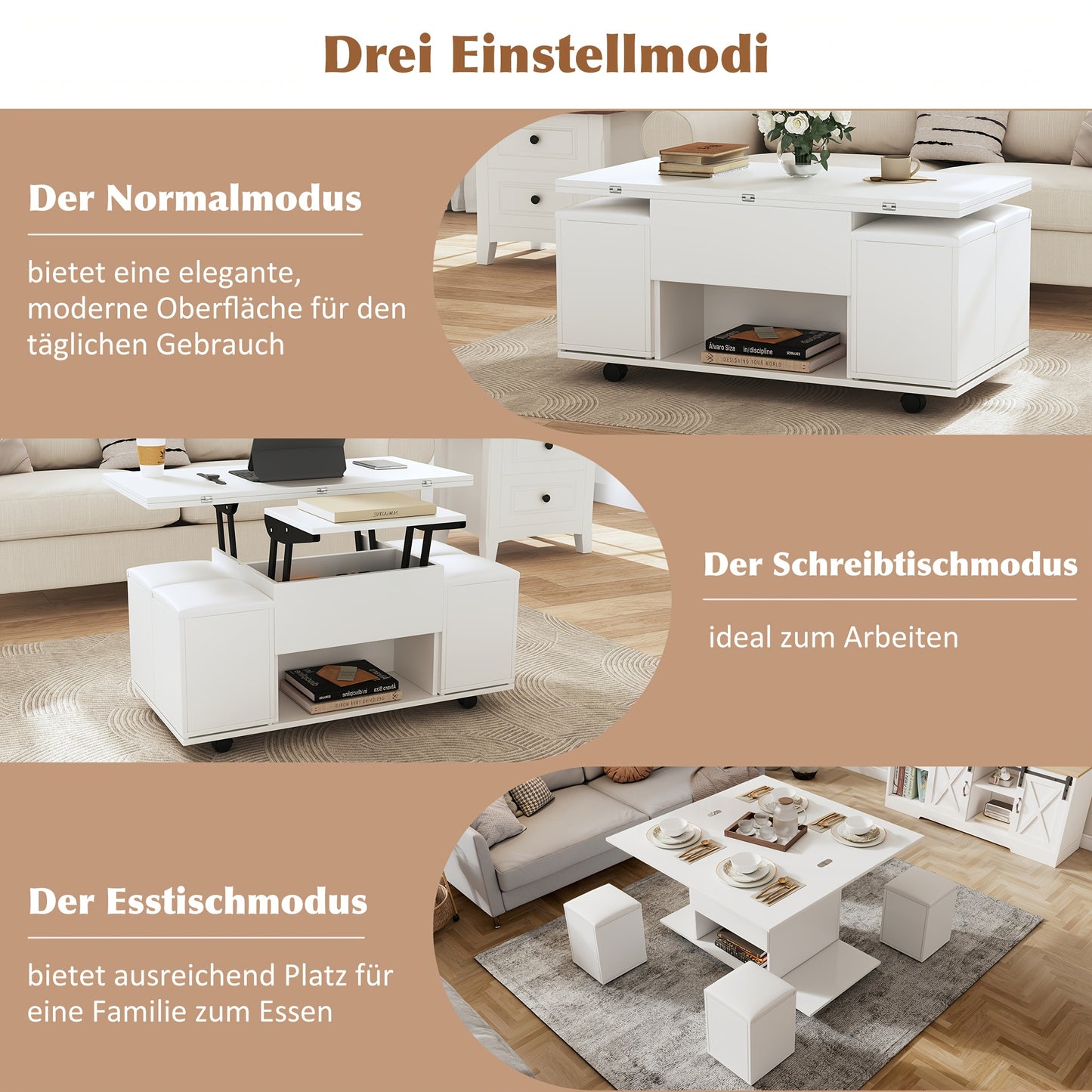 Moderne Hoekige Salontafel – Salontafel Set – Opberghocker – Verstelbare Salontafel – Woonkamertafel – Bamboe – Verstelbare Hoogte – 4 Opberghockers