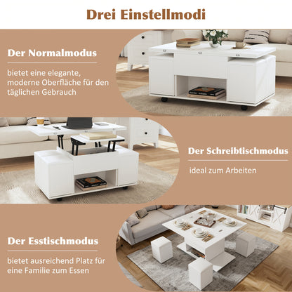 Moderne Hoekige Salontafel – Salontafel Set – Opberghocker – Verstelbare Salontafel – Woonkamertafel – Bamboe – Verstelbare Hoogte – 4 Opberghockers