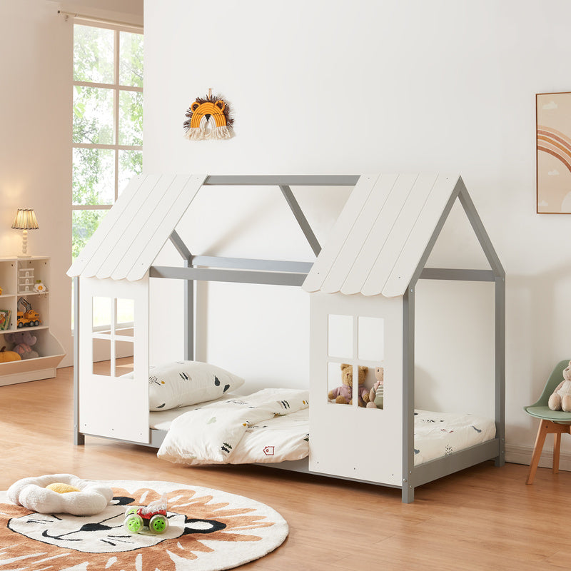 Kinderbed – Kinderbedden – Huisbed – Bed voor Kinderen – Kidsbed – Halfopen design – Duurzaam Dennenhout – 90x200 cm Grijs/Wit
