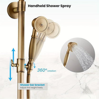 Douchekraan – Doucheset – Douchemengkraan – Thermostaatkraan – Handdouche – 20 cm Regendouchekop – Antiek Messing – Met Plank