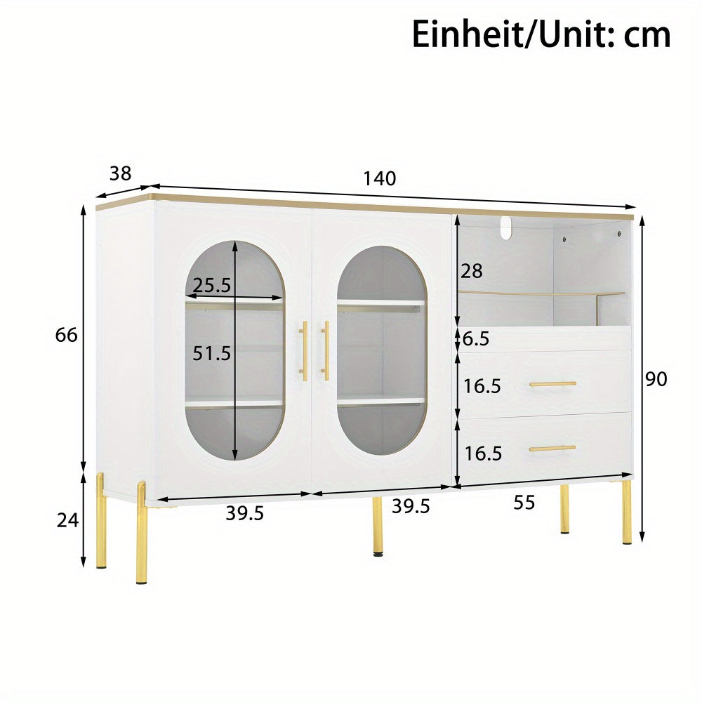 Dressoir – Buffetkast – Ladekast – Sideboard – Opbergkast – Modern Wit Met Gouden Accenten – 2 Glazen Deuren & 2 Lades – Luxe Strakke Afwerking – Stevig & Duurzaam