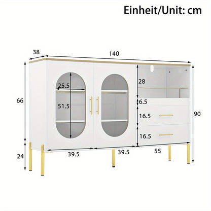 Dressoir – Buffetkast – Ladekast – Sideboard – Opbergkast – Modern Wit Met Gouden Accenten – 2 Glazen Deuren & 2 Lades – Luxe Strakke Afwerking – Stevig & Duurzaam