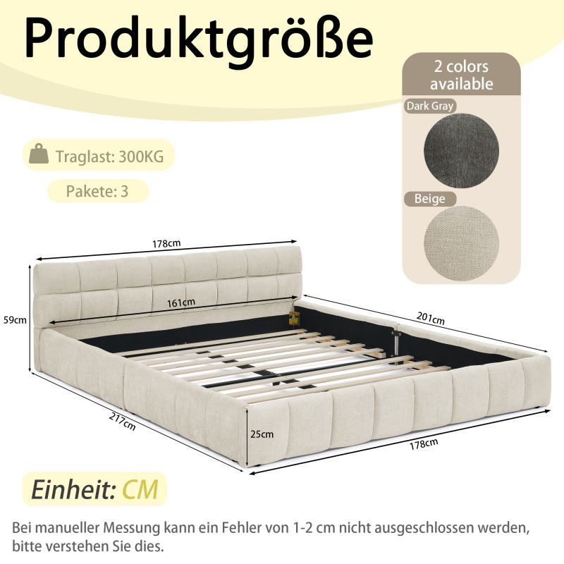 Tweepersoonsbed – 2-Persoonsbed – Bed – Slaapbed – Ledikant – Chenille Bekleding – 160x200 cm – Eucalyptus Houten Frame – Stabiel Metalen Onderstel – Beige – Modern Rustiek Design